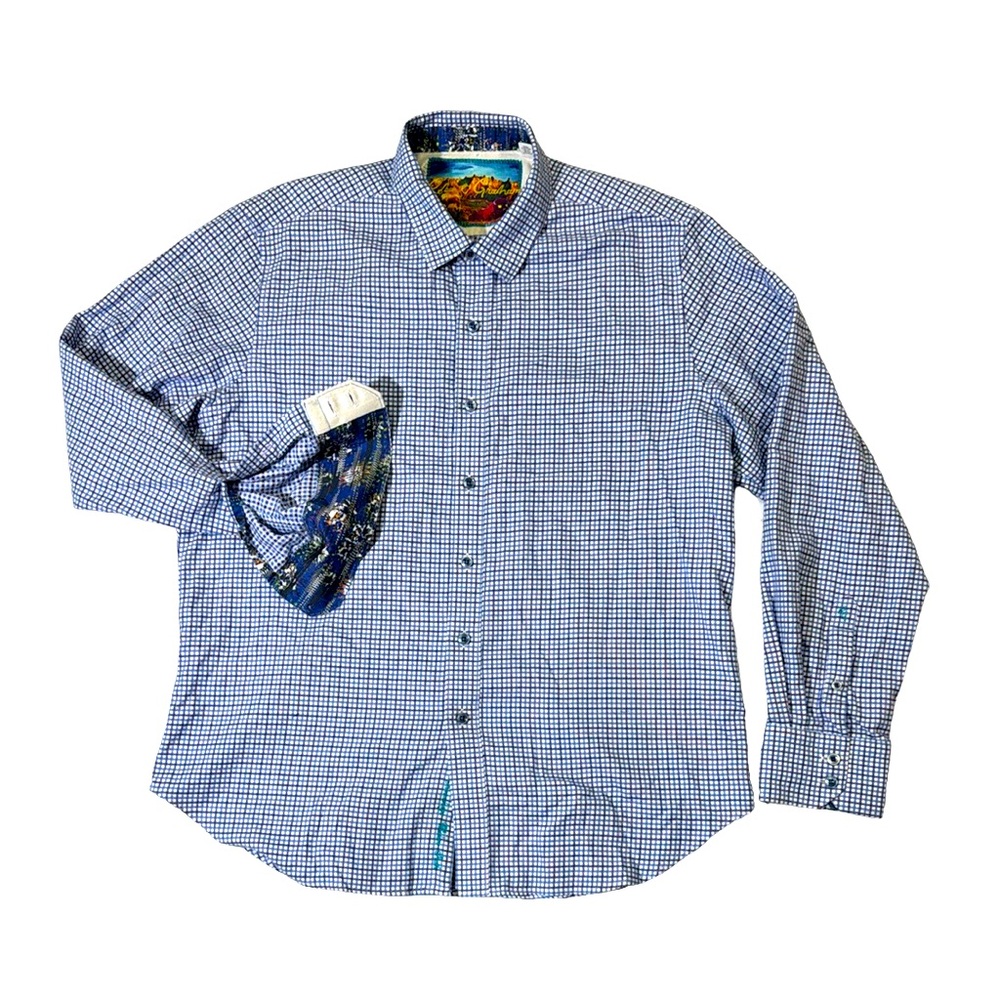 Robert Graham mens XL classic fit blue geo pattern flip cuff button up shirt EUC